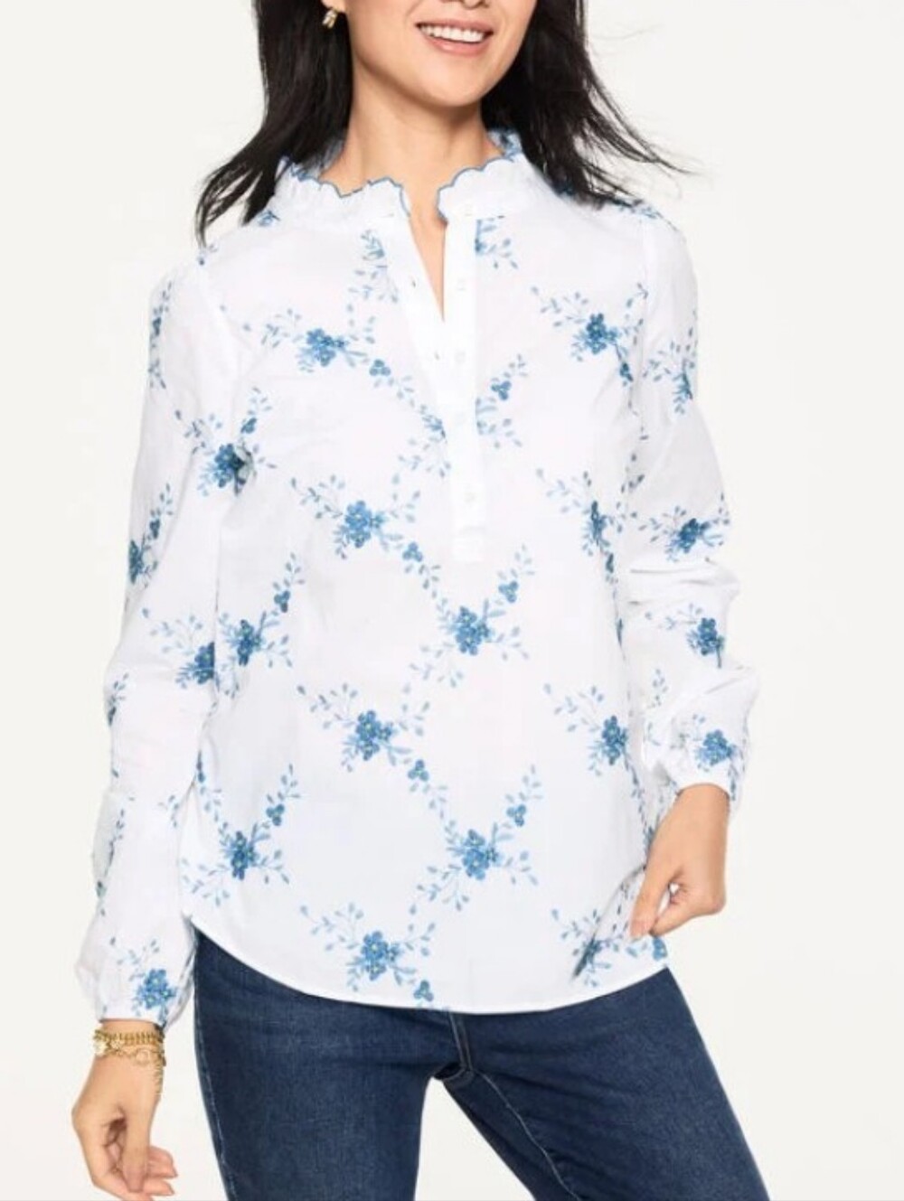 Talbots Scalloped Ruffle Floral Cluster Embroidered Blouse